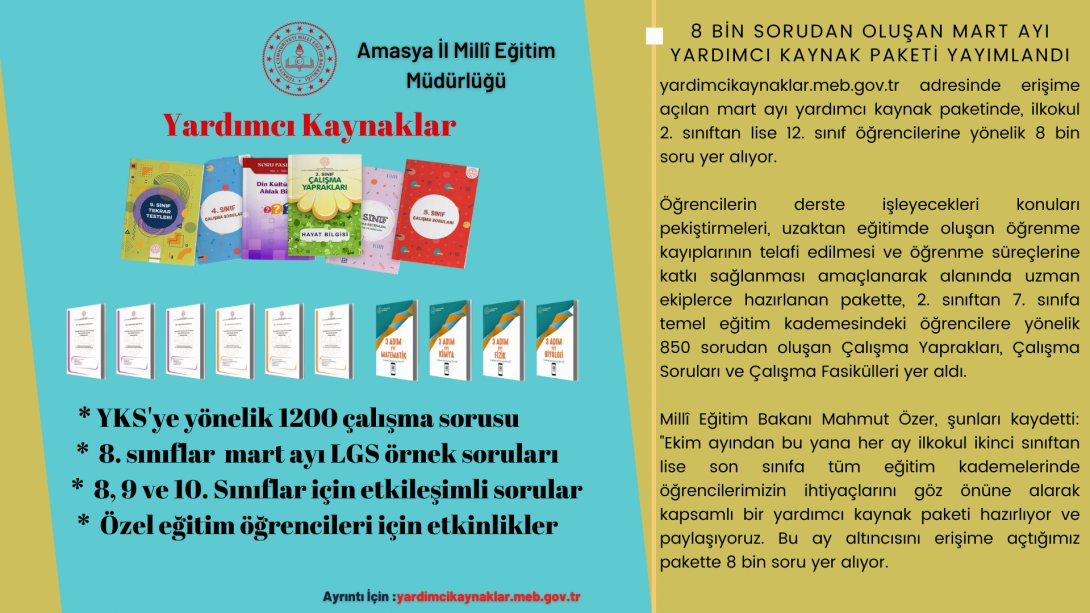 8 BİN SORUDAN OLUŞAN MART AYI YARDIMCI KAYNAK PAKETİ YAYIMLANDI